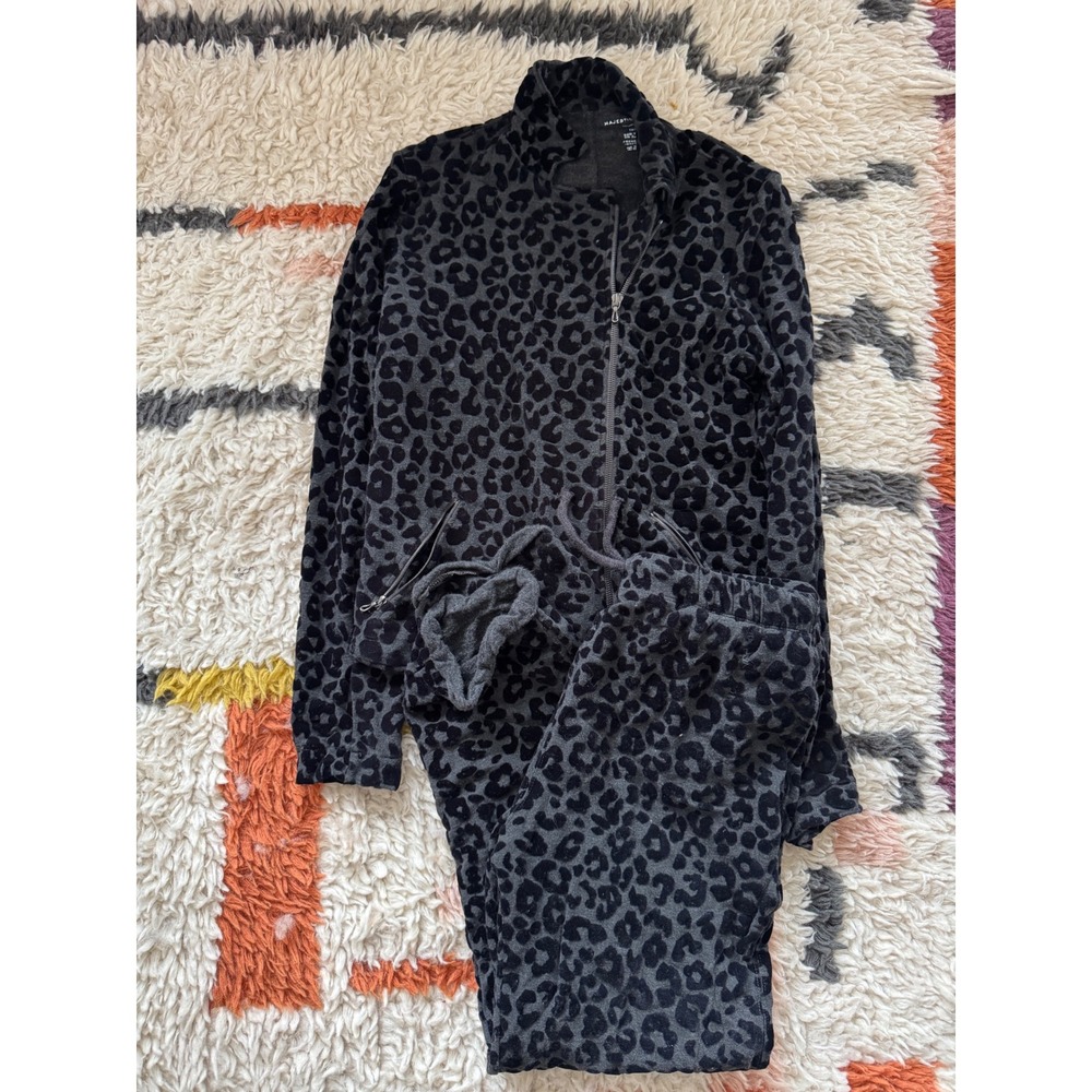 Majestic Filatures Leopard Print Tracksuit Set Grey Black‎ Velvet Flocked L2